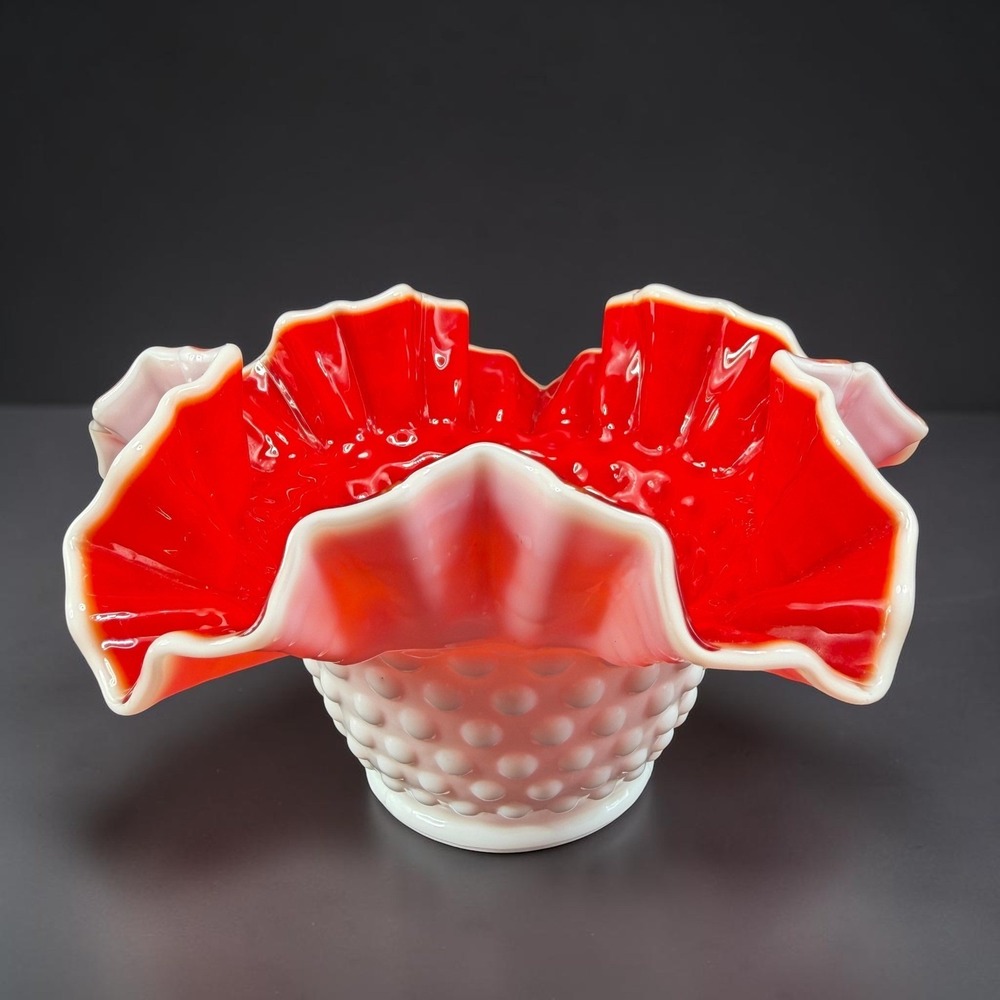 Vintage Red White Hobnail Ruffled Edge Glass Bowl Compote Dish Hand Made Decor